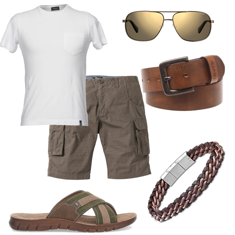 Outfit uomo - Bermuda e maglietta libero. Stile Trendy per Tutti i giorni. Abbinamento con bermuda, t-shirt, braccialetti, cinture, sandali, occhiali da sole.