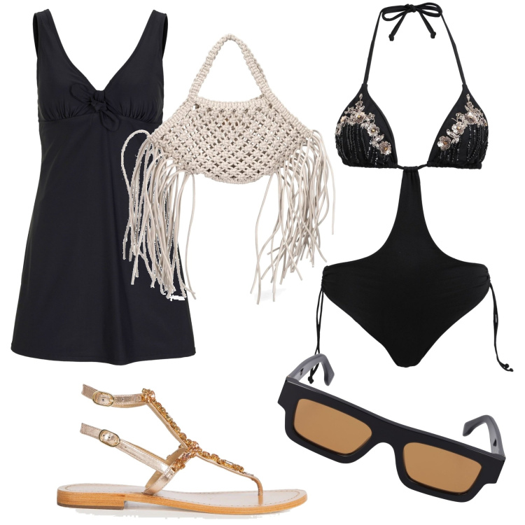 Outfit donna - Total look #1687761. Stile Trendy per Mare. Abbinamento con vestiti da spiaggia, bikini, infradito, shopping bag, occhiali da sole.