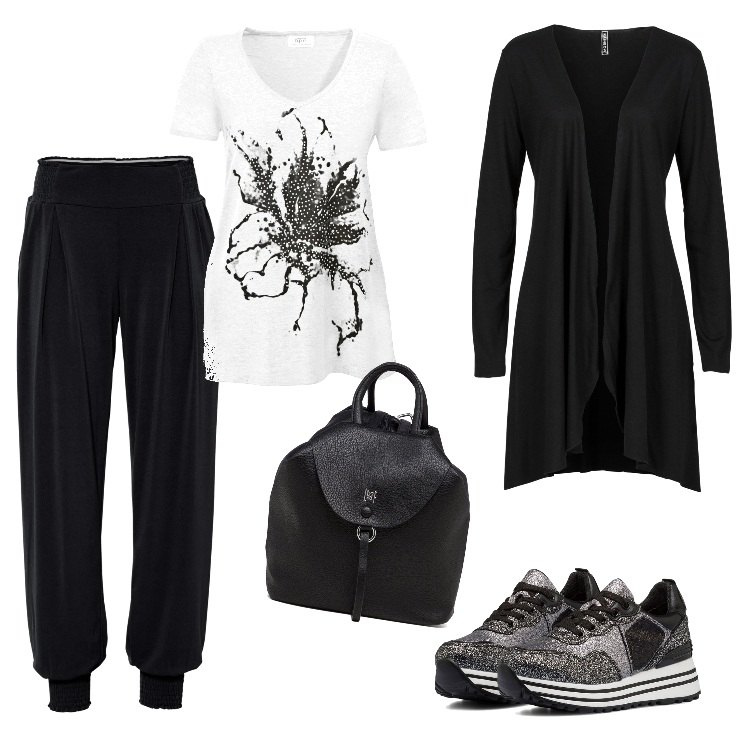 Outfit donna - Total look #1687765. Stile Sporty chic per Tutti i giorni. Abbinamento con cardigans, pantaloni, t-shirt, sneakers, zaini.