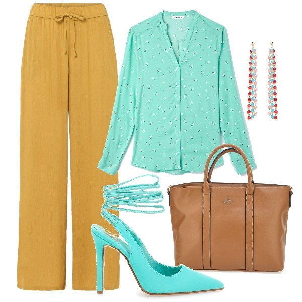 Outfit donna - Il pantalone a gamba larga in ufficio. Stile Minimal per Ufficio. Abbinamento con pantaloni, camicie, orecchini, borse a mano, décolleté.