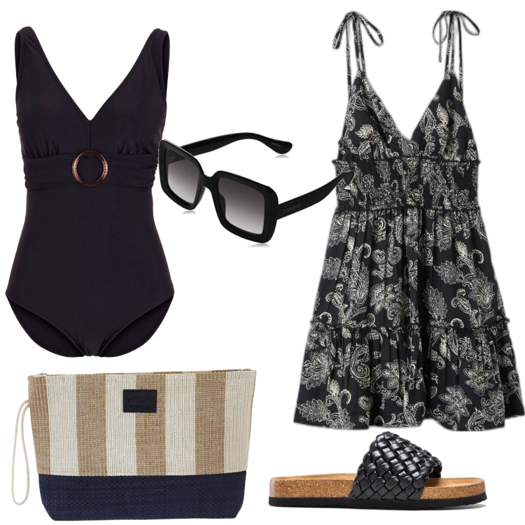 Outfit donna - Pronta per il mare. Stile Trendy per Mare. Abbinamento con costumi interi, ciabatte, vestiti corti, valigie, occhiali da sole.