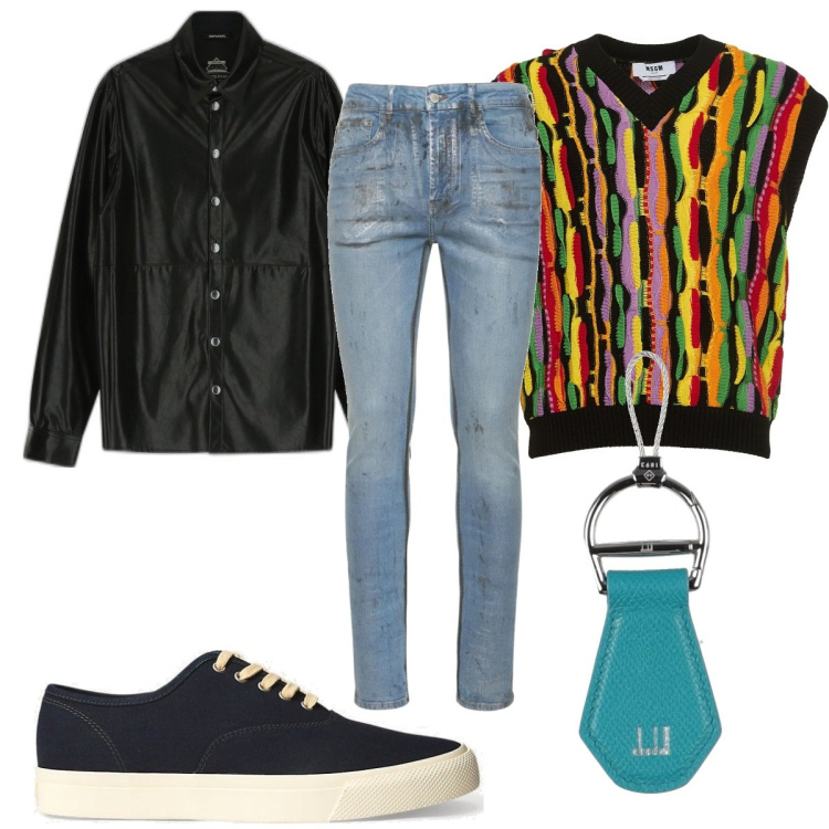 Outfit uomo - Total look #1687834. Stile Trendy per Tutti i giorni. Abbinamento con portachiavi, camicie, sneakers, jeans skinny, gilet.