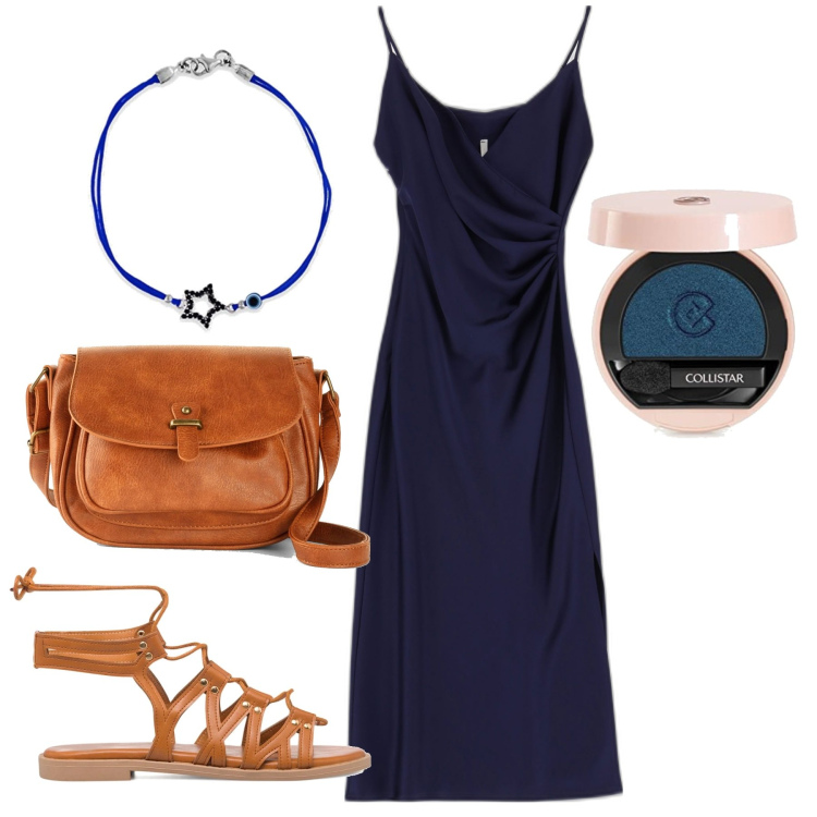 Outfit donna - Vedo blu. Stile Minimal per Tutti i giorni. Abbinamento con borse a tracolla, vestiti midi/longuette, sandali alla schiava, braccialetti, ombretti.