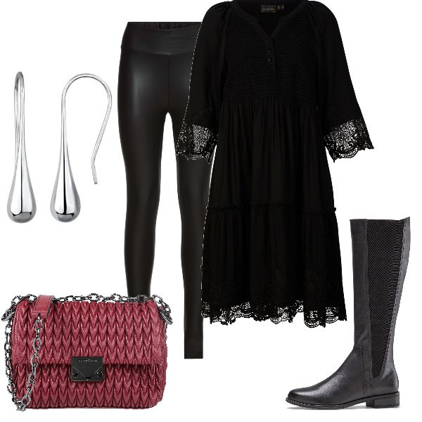 Outfit donna - Total look #1687884. Stile Rock per Serata fuori. Abbinamento con vestiti chemisier, treggings, stivali sopra il ginocchio, borse a tracolla, orecchini.