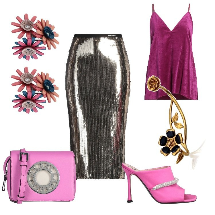 Outfit donna - Tramonto rosa. Stile Chic per Serata fuori. Abbinamento con top, sandali col tacco, gonne longuette, borse a tracolla, orecchini, braccialetti.