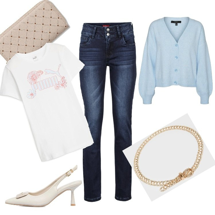 Outfit donna - La t-shirt anche in ufficio. Stile Casual chic per Ufficio. Abbinamento con jeans, cinture, cardigans, t-shirt, portafogli, décolleté.