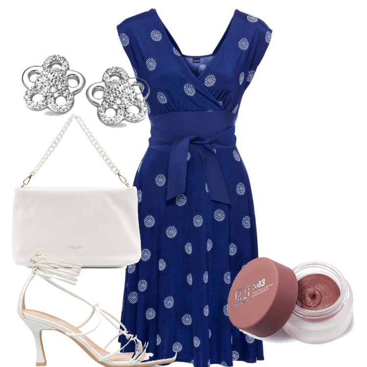 Outfit donna - In blu alla cerimonia. Stile Chic per Cerimonia. Abbinamento con vestiti, sandali alla schiava, borse a spalla, ombretti, orecchini.