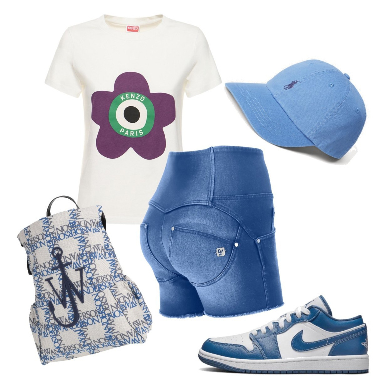 Outfit donna - Gli shorts a vita alta. Stile Sporty chic per Tutti i giorni. Abbinamento con sneakers alte, zaini, shorts, cappelli, t-shirt.