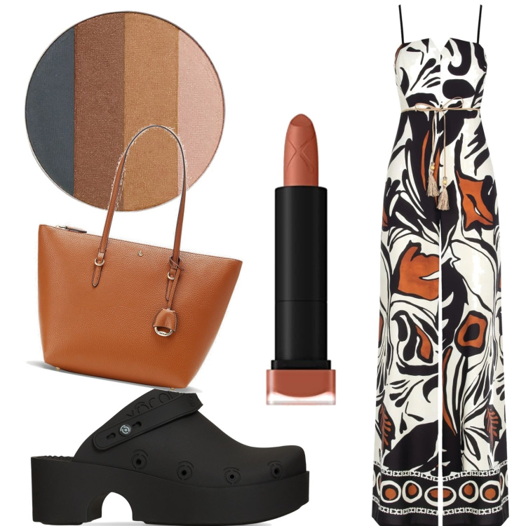 Outfit donna - Toni mattone. Stile Casual chic per Tutti i giorni. Abbinamento con tute, borse tote, rossetti, zoccoli, ombretti.
