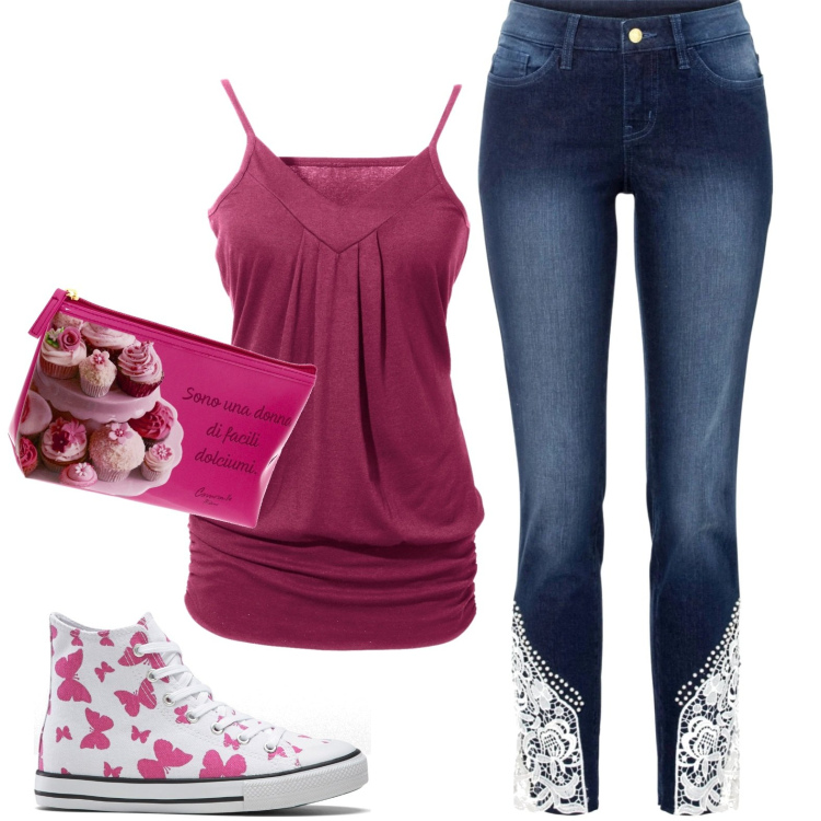 Outfit donna - I jeans con il ricamo. Stile Casual per Tutti i giorni. Abbinamento con top, sneakers alte, jeans skinny, pochette.