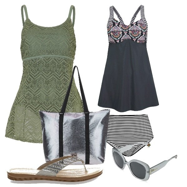 Outfit donna - Al mare. Stile Vintage retrò per Mare. Abbinamento con costumi interi, vestiti da spiaggia, borse tote, occhiali da sole, infradito.