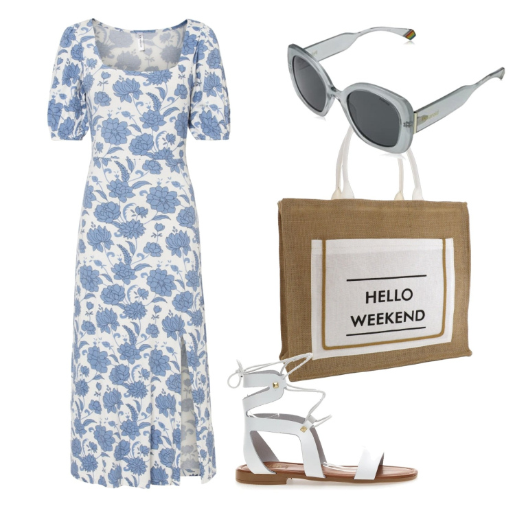 Outfit donna - Estate assoluta giorno. Stile Casual per Tutti i giorni. Abbinamento con vestiti midi/longuette, sandali in pelle, occhiali da sole, borse a secchiello.