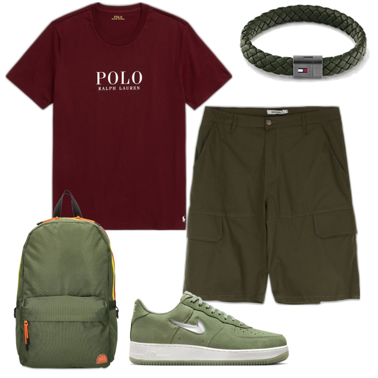 Outfit uomo - Total look #1688101. Stile Urban per Tutti i giorni. Abbinamento con bermuda, t-shirt, sneakers, braccialetti, borse sportive.