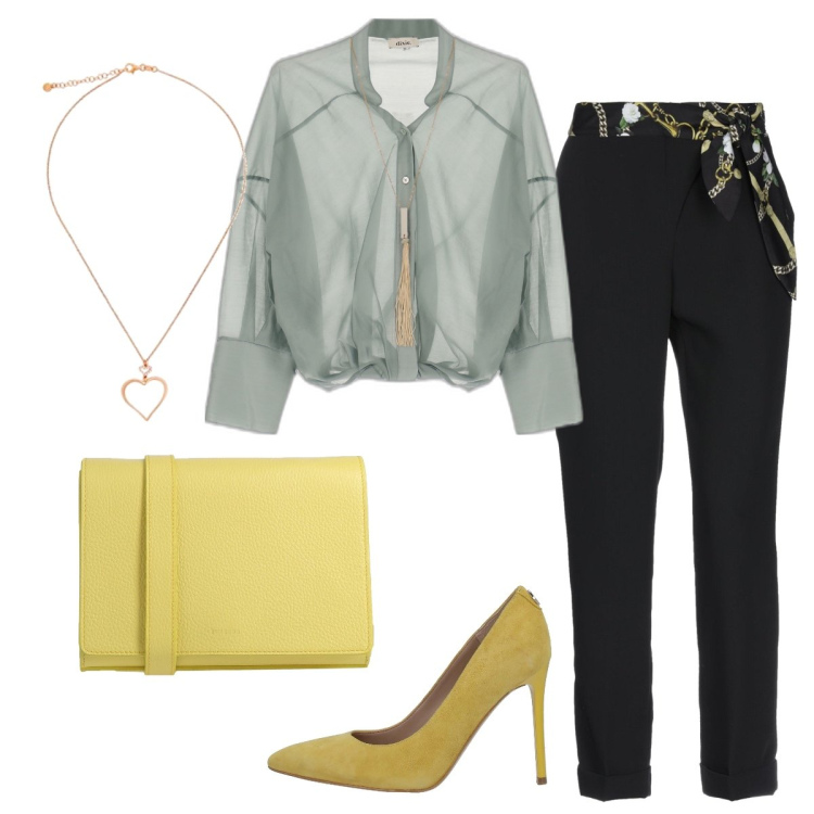 Outfit donna - Riunione in ufficio. Stile Chic per Ufficio. Abbinamento con décolleté, pantaloni, borse a tracolla, camicie, ciondoli.