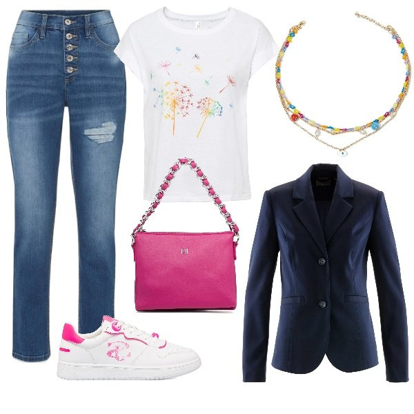 Outfit donna - Total look #1688117. Stile Casual chic per Tutti i giorni. Abbinamento con t-shirt, blazer, jeans boyfriend, ciondoli, sneakers, borse a tracolla.