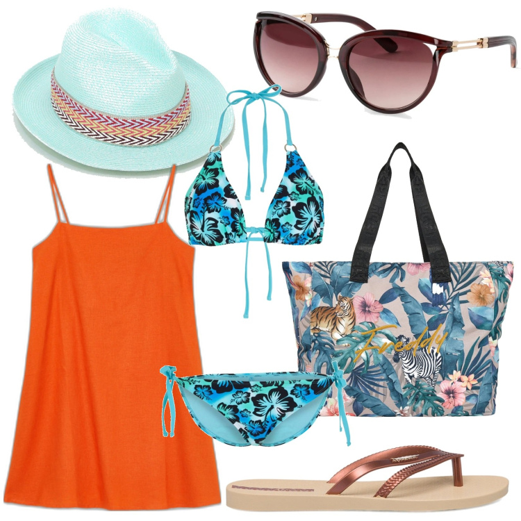 Outfit donna - Viaggiare con stile: la spiaggia. Stile Glamour per Mare. Abbinamento con occhiali da sole, bikini, vestiti corti, borse tote, cappelli, infradito.