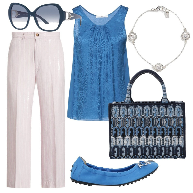 Outfit donna - Comoda in aereo. Stile Bon Ton per Tutti i giorni. Abbinamento con ballerine, top, borse a mano, pantaloni, occhiali da sole, braccialetti.