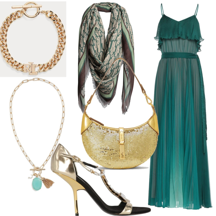 Outfit donna - Galà estivo. Stile Glamour per Serata fuori. Abbinamento con vestiti lunghi, sciarpe, sandali gioiello, braccialetti, borse a spalla, collane.