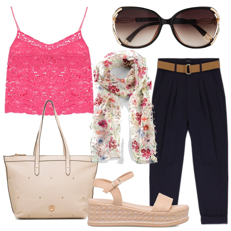 Outfit donna - Viaggiare con stile: tutti i giorni. Stile Glamour per Tutti i giorni. Abbinamento con occhiali da sole, foulard, top, pantaloni capri, borse a spalla, sandali col tacco.