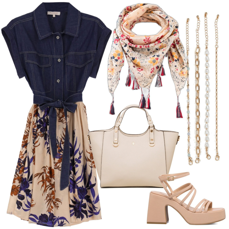 Outfit donna - Viaggiare con stile: serata fuori. Stile Glamour per Serata fuori. Abbinamento con foulard, vestiti corti, braccialetti, sandali in pelle, borse a mano.