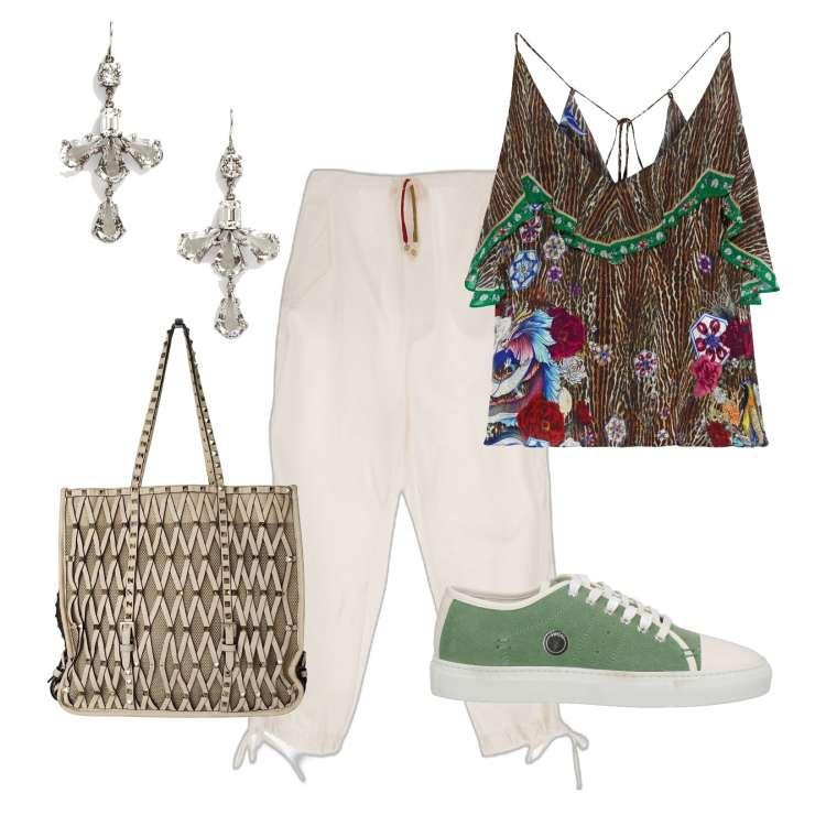Outfit donna - Total look #1688247. Stile Casual chic per Tutti i giorni. Abbinamento con top, sneakers, borse a spalla, pantaloni cargo, orecchini.