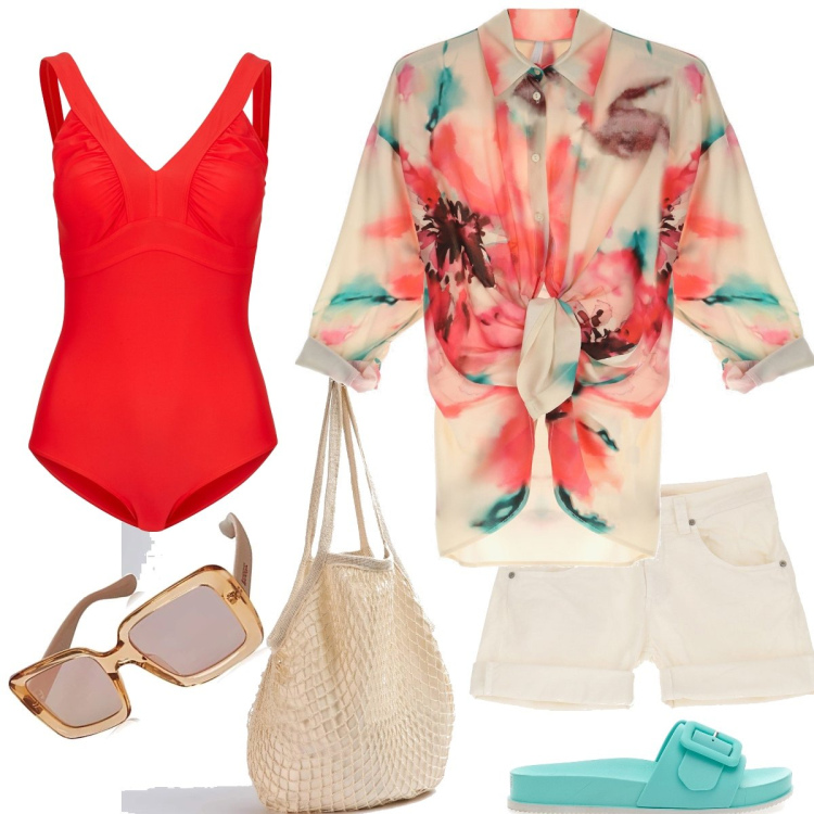 Outfit donna - Al mare. Stile Casual chic per Mare. Abbinamento con costumi interi, camicie, borse a spalla, shorts, ciabatte, occhiali da sole.