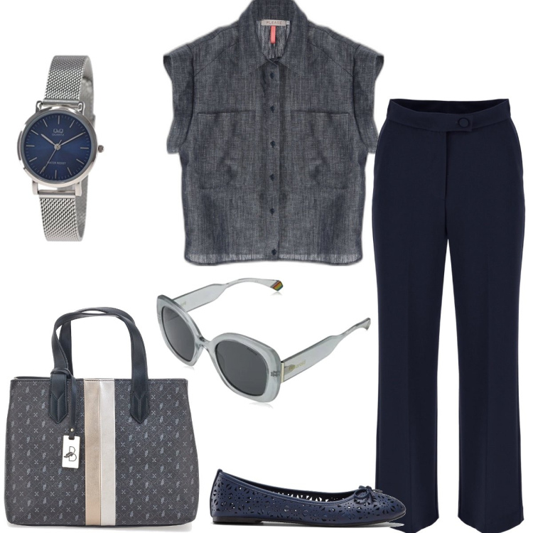 Outfit donna - Ufficio. Stile Chic per Ufficio. Abbinamento con ballerine, camicie a manica corta, pantaloni, borse a mano, orologi analogici, occhiali da sole.