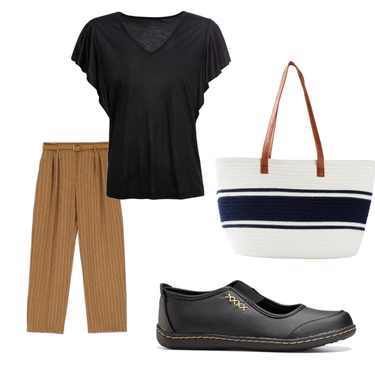 Outfit donna - Shopping. Stile Casual per Mare. Abbinamento con ballerine, maglieria, shopping bag, pantaloni a palazzo.