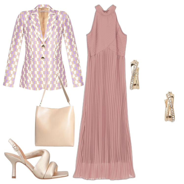 Outfit donna - Matrimonio in rosa estate 2023. Stile Casual chic per Cerimonia. Abbinamento con sandali in pelle, borse a spalla, giacche, vestiti lunghi, orecchini.