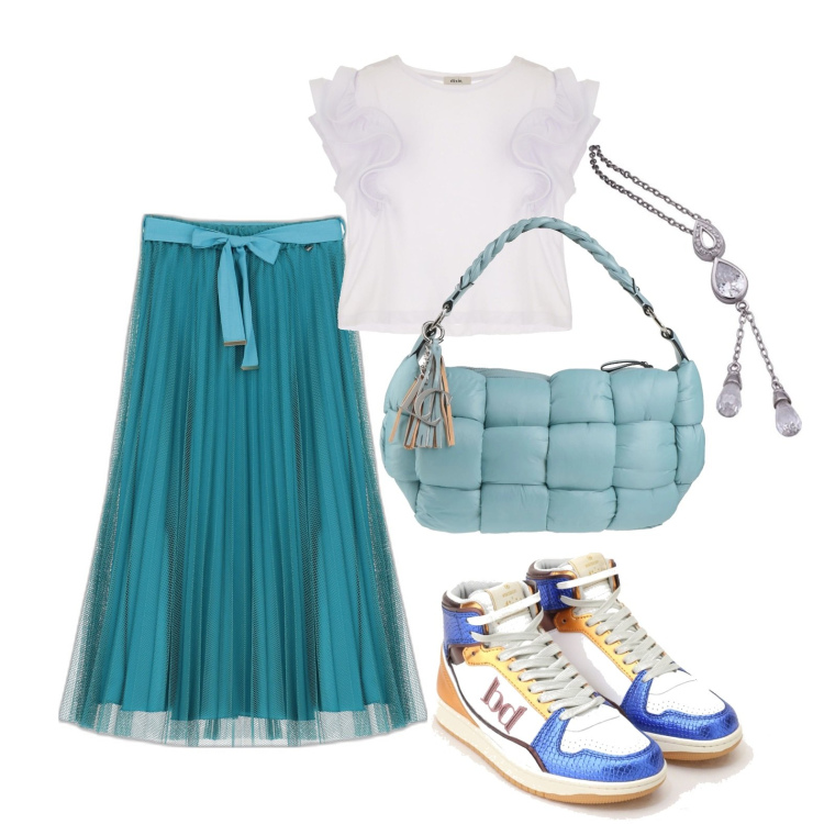 Outfit donna - La mia gonna preferita. Stile Trendy per Tutti i giorni. Abbinamento con borse a mano, sneakers alte, gonne longuette, t-shirt, collane.