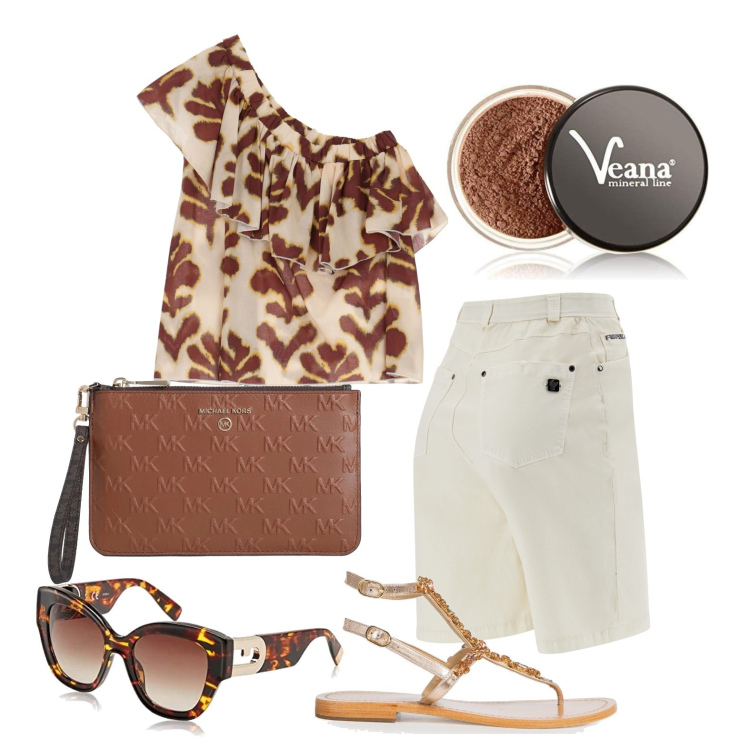 Outfit donna - Monospalla tropicale. Stile Casual chic per Tutti i giorni. Abbinamento con borse a mano, bermuda, canottiere, infradito, fondotinta, occhiali da sole.
