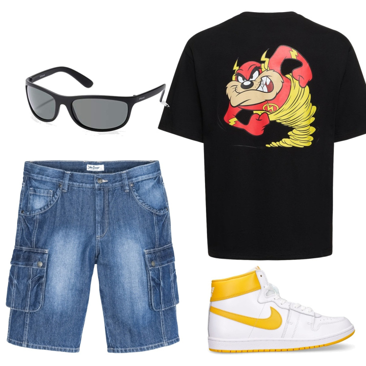 Outfit uomo - Oggi mi sento un po\' Taz. Stile Casual per Tutti i giorni. Abbinamento con bermuda, occhiali da sole, sneakers, t-shirt.