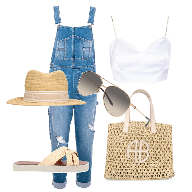 Outfit donna - Pronta per la gita. Stile Casual chic per Tutti i giorni. Abbinamento con sandali in pelle, salopette, top, occhiali da sole, shopping bag, cappelli.