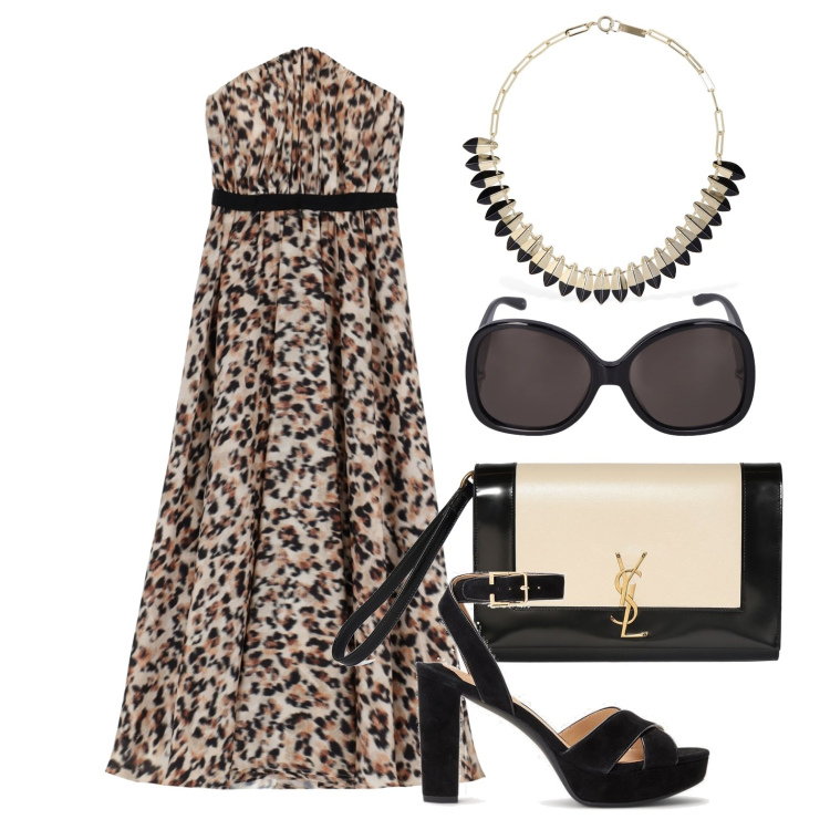 Outfit donna - Animalier ma chic. Stile Glamour per Cerimonia. Abbinamento con vestiti midi/longuette, sandali, occhiali da sole, pochette, collane.
