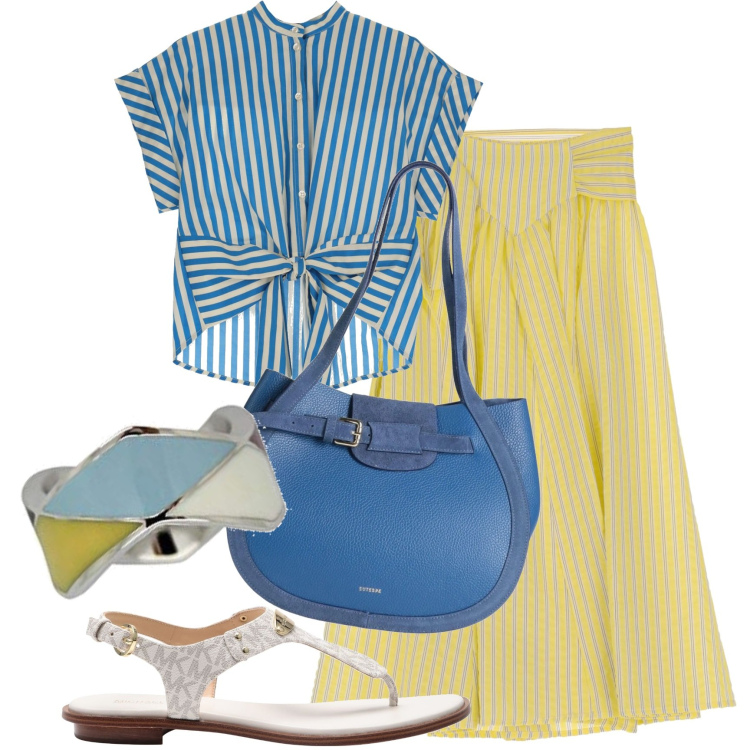 Outfit donna - Righe e righine. Stile Bon Ton per Tutti i giorni. Abbinamento con infradito, borse a spalla, camicie a manica corta, gonne longuette, anelli.