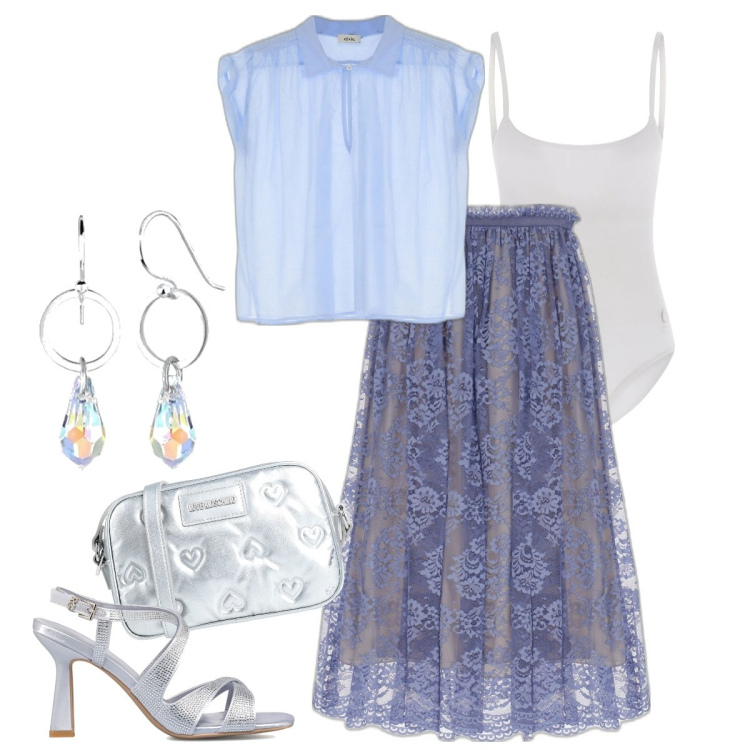 Outfit donna - Romantico pizzo. Stile Chic per Serata fuori. Abbinamento con borse a tracolla, body, gonne longuette, camicie a manica corta, sandali gioiello, orecchini.
