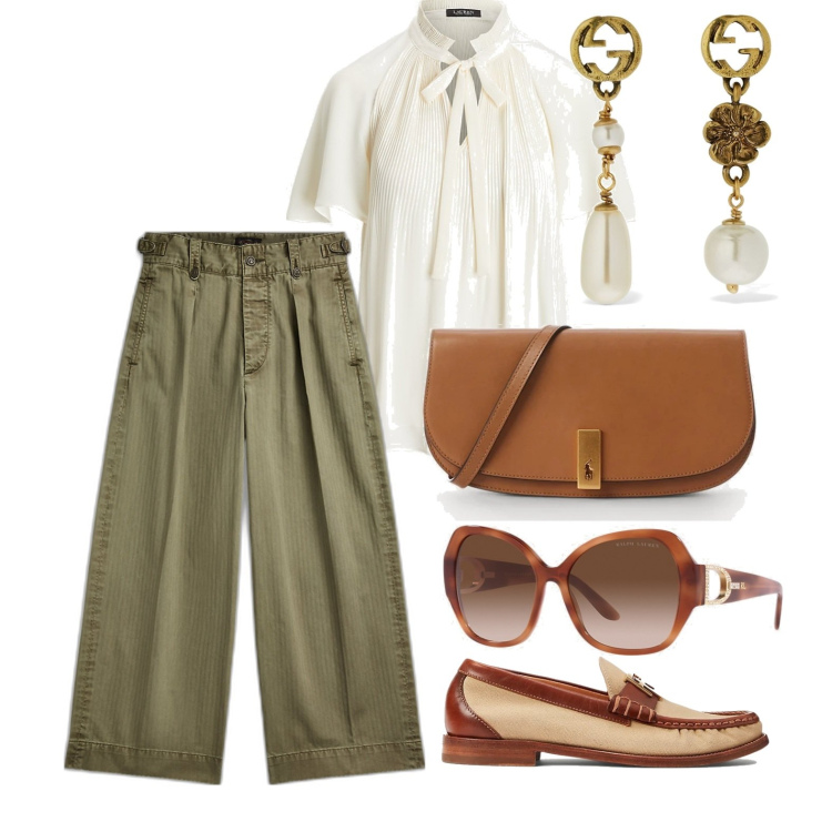 Outfit donna - Elegantemente casual. Stile Casual chic per Tutti i giorni. Abbinamento con pantaloni, occhiali da sole, mocassini, camicie, clutch, orecchini.