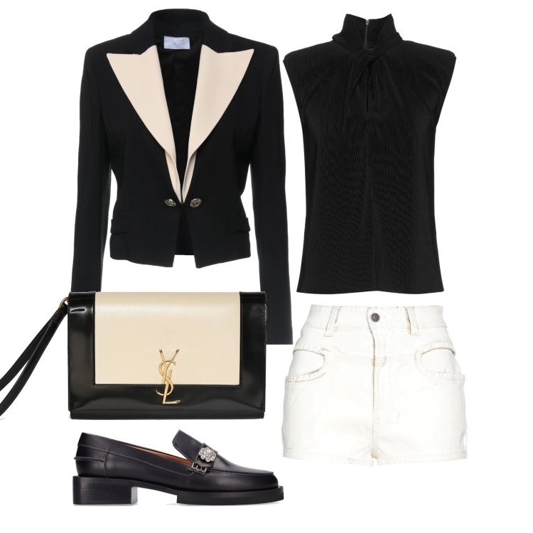 Outfit donna - Non chiedermi il perché. Stile Casual chic per Tutti i giorni. Abbinamento con blazer, top, shorts, mocassini, pochette.