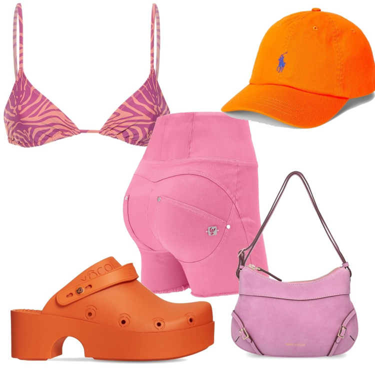 Outfit donna - Total look #1688478. Stile Trendy per Mare. Abbinamento con shorts, cappelli, bikini, zoccoli, borse a spalla.