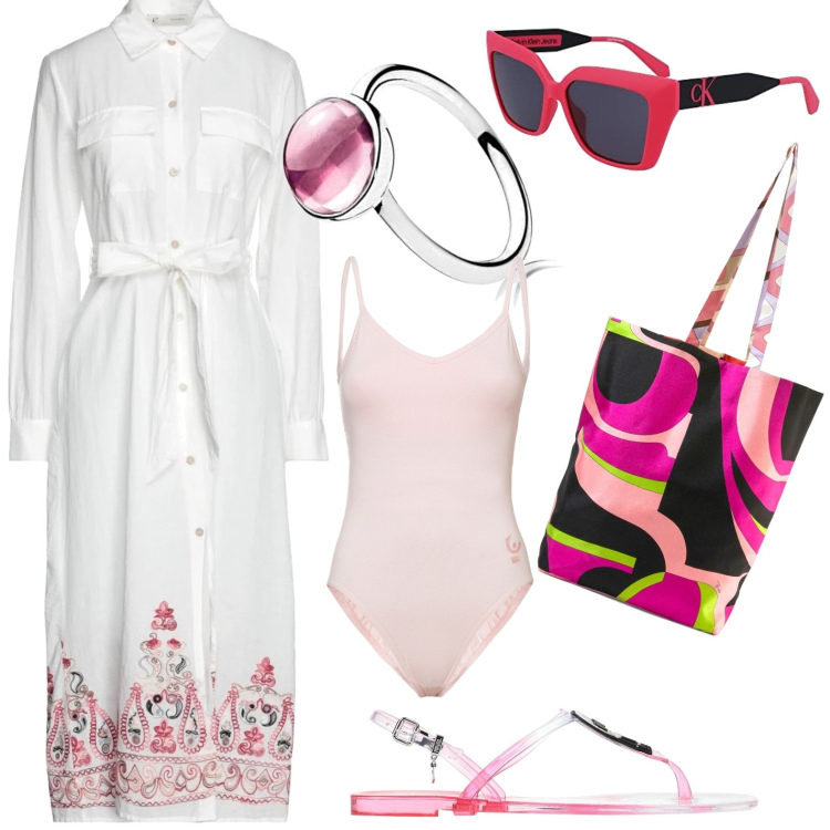 Outfit donna - In vacanza. Stile Casual per Mare. Abbinamento con vestiti midi/longuette, infradito, body, shopping bag, anelli, occhiali da sole.
