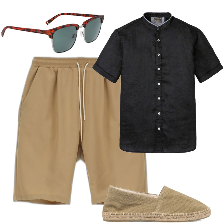 Outfit uomo - In vacanza. Stile Casual per Tutti i giorni. Abbinamento con camicie a manica corta, bermuda, espadrillas, occhiali da sole.
