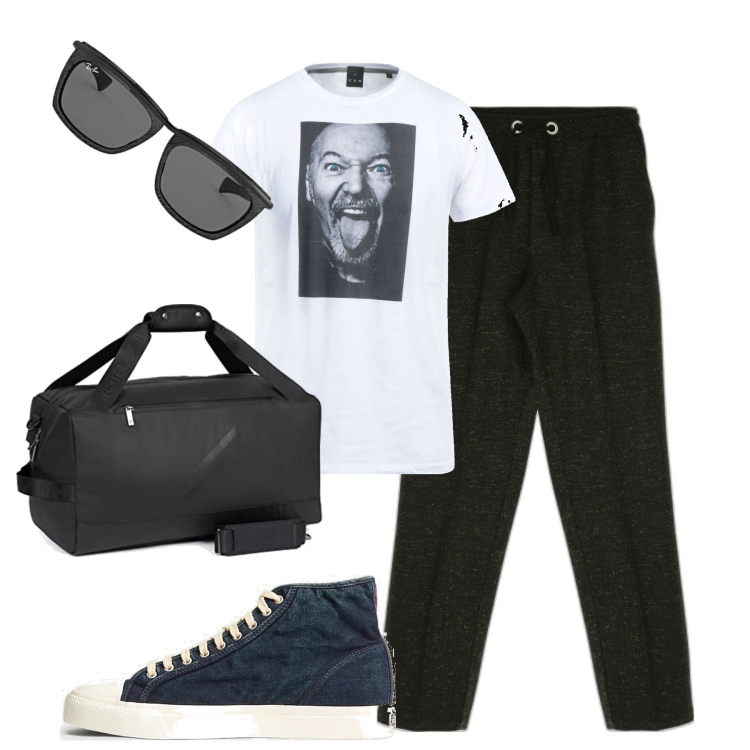 Outfit uomo - In città. Stile Urban per Tutti i giorni. Abbinamento con t-shirt, pantaloni, sneakers, occhiali da sole, borse sportive.