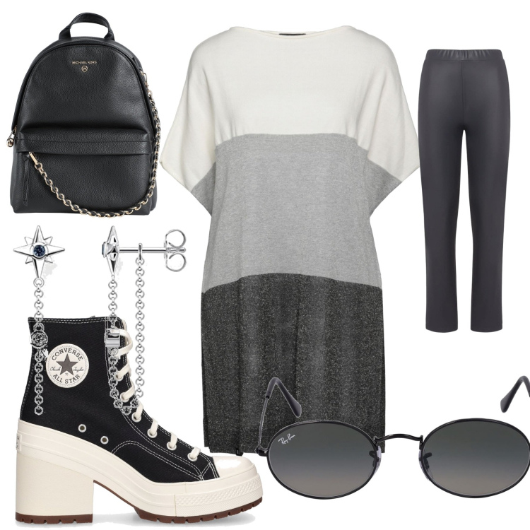 Outfit donna - La maximaglia con i leggings. Stile Casual chic per Tutti i giorni. Abbinamento con pullovers, zaini, sneakers, orecchini, occhiali da sole, treggings.