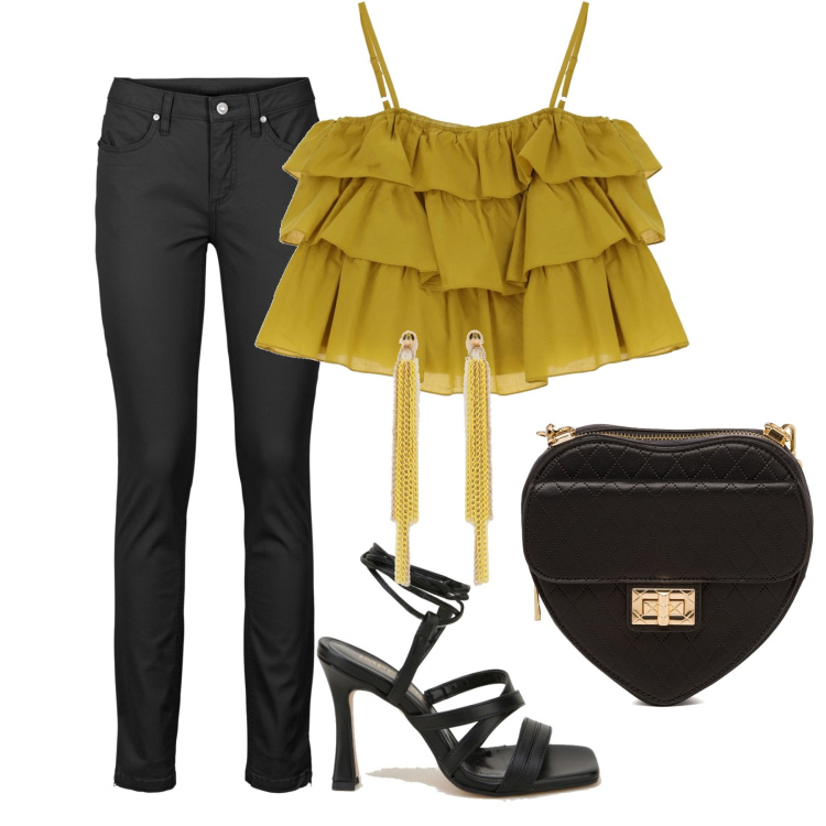 Outfit donna - Nero e senape. Stile Casual chic per Serata fuori. Abbinamento con jeans skinny, sandali in pelle, orecchini, top, borse a tracolla.
