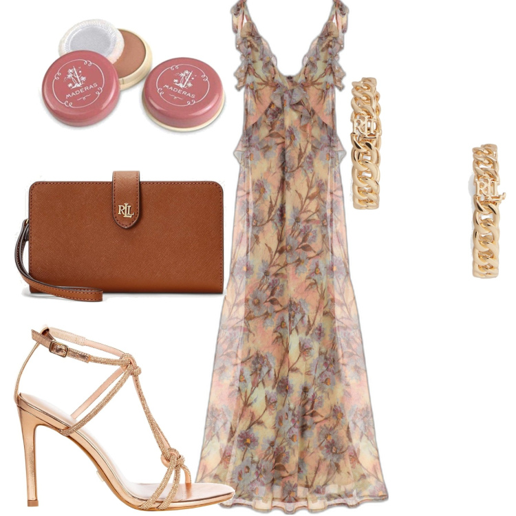 Outfit donna - Cerimonia. Stile Romantica per Cerimonia. Abbinamento con vestiti lunghi, sandali gioiello, pochette, orecchini, blush.