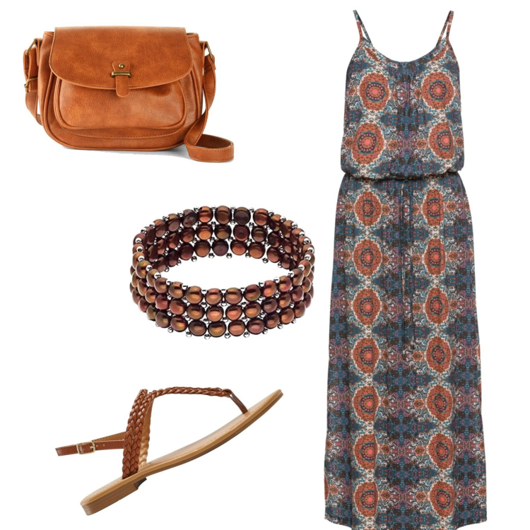 Outfit donna - Perle per la cena in spiaggia. Stile Casual per Mare. Abbinamento con vestiti lunghi, borse a tracolla, ciabatte, braccialetti.