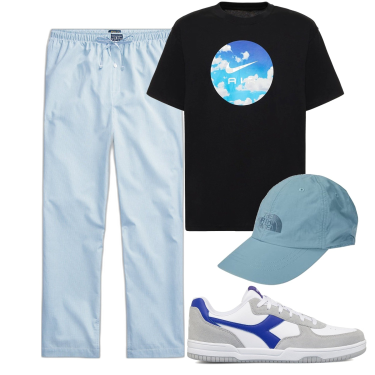 Outfit uomo - I pantaloni azzurri. Stile Casual per Tutti i giorni. Abbinamento con sneakers, pantaloni, cappelli, t-shirt.
