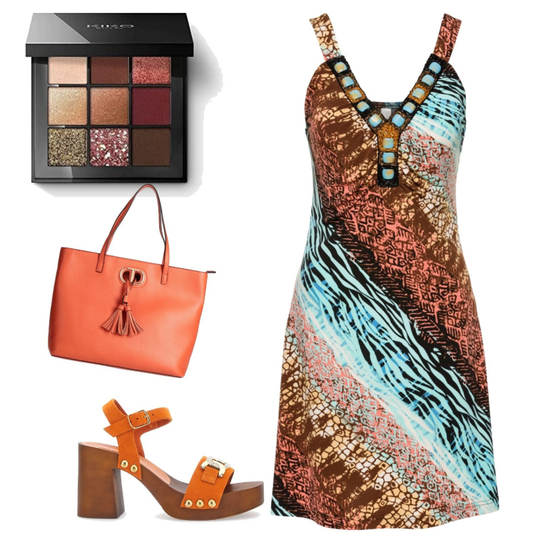 Outfit donna - Landscapes. Stile Casual chic per Serata fuori. Abbinamento con vestiti, borse a mano, ombretti, zoccoli.