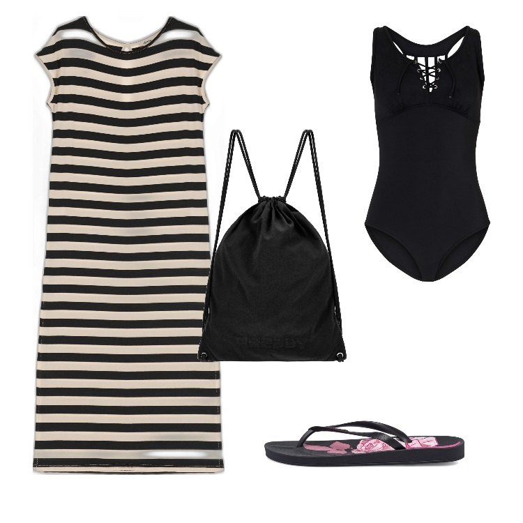 Outfit donna - Total look #1688829. Stile Romantica per Mare. Abbinamento con costumi interi, zaini, vestiti midi/longuette, infradito.