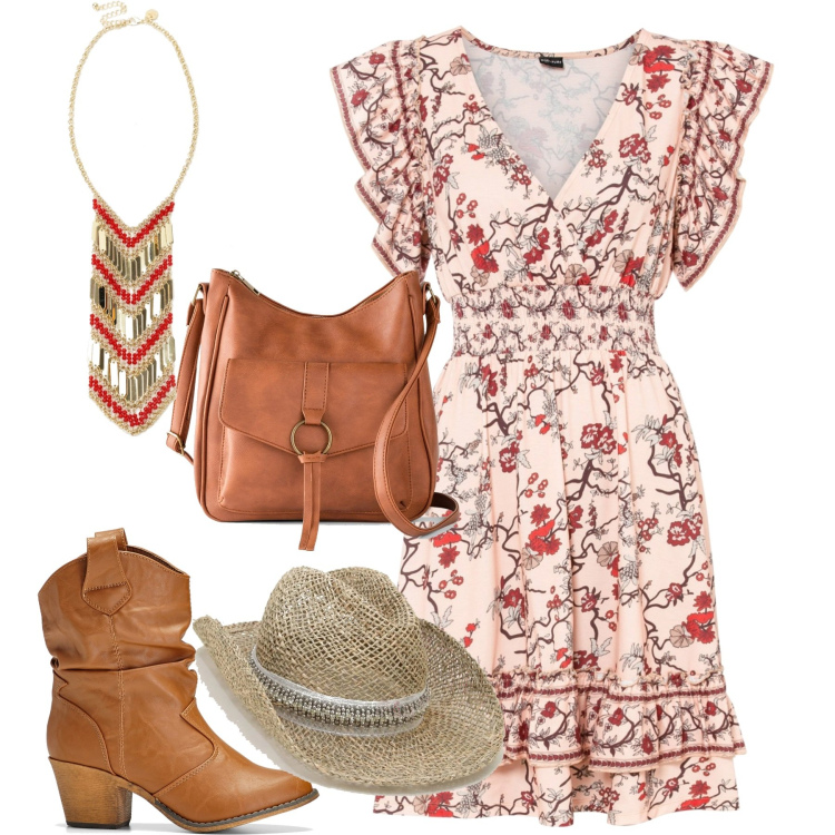 Outfit donna - Country vibes. Stile Boho per Tutti i giorni. Abbinamento con stivaletti texani, borse a tracolla, vestiti, collane, cappelli.